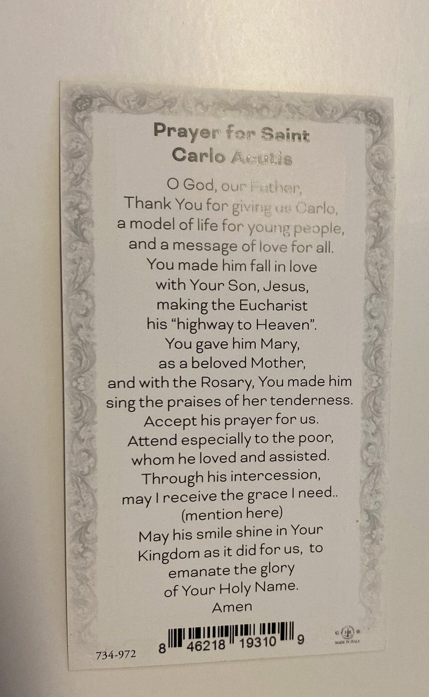 St Carlo Acutis Prayer Card with Gold trim, New #PC-105 - Journeys of Faith