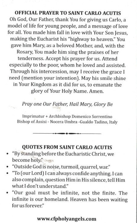 St Carlo Acutis (Apostle of the Eucharist), Official Prayer Card, New # PC-113 - Journeys of Faith