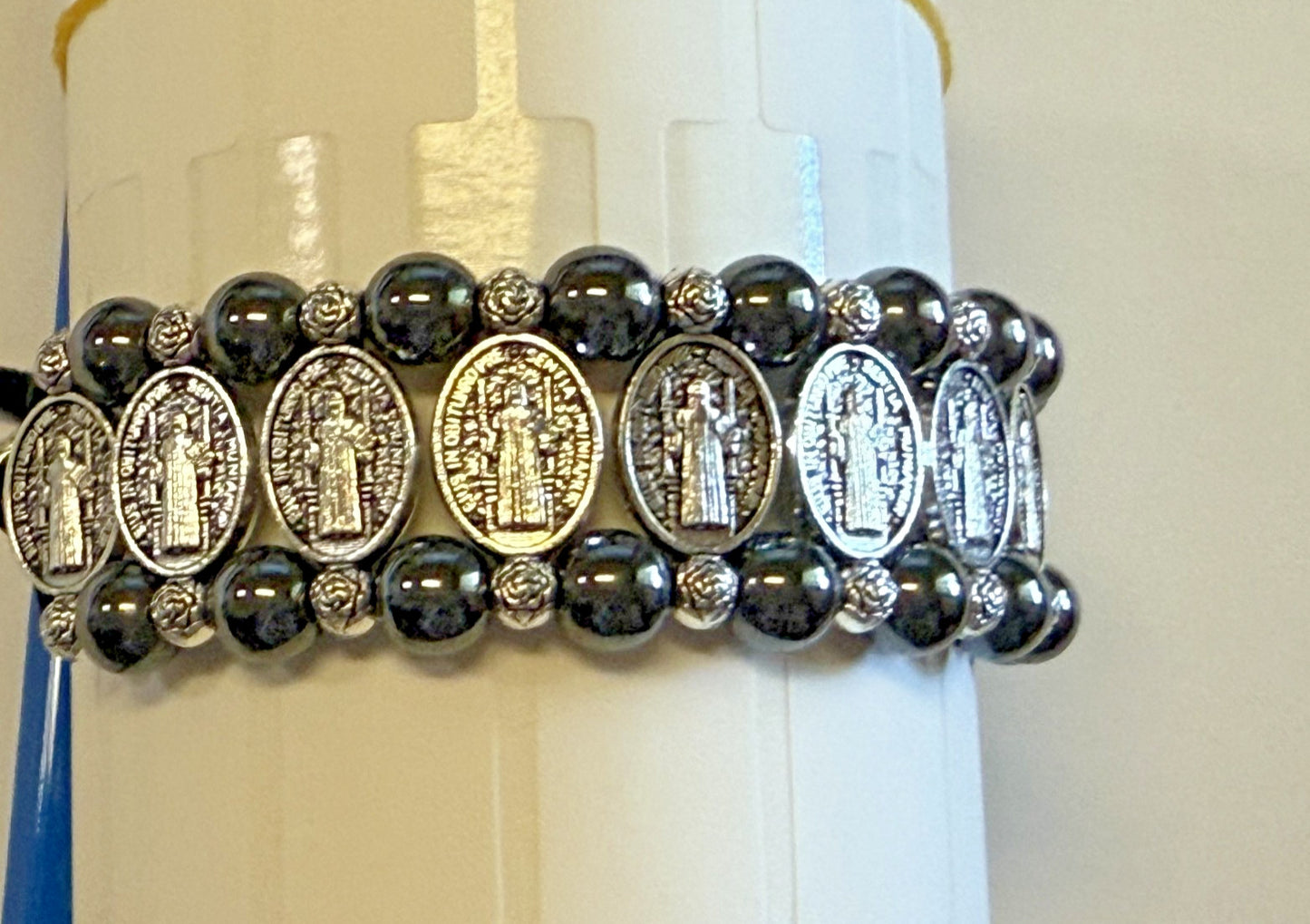 Saint Benedict Medal Hematite Rope Adjustable Bracelet, New #AB-344-R2 - Journeys of Faith