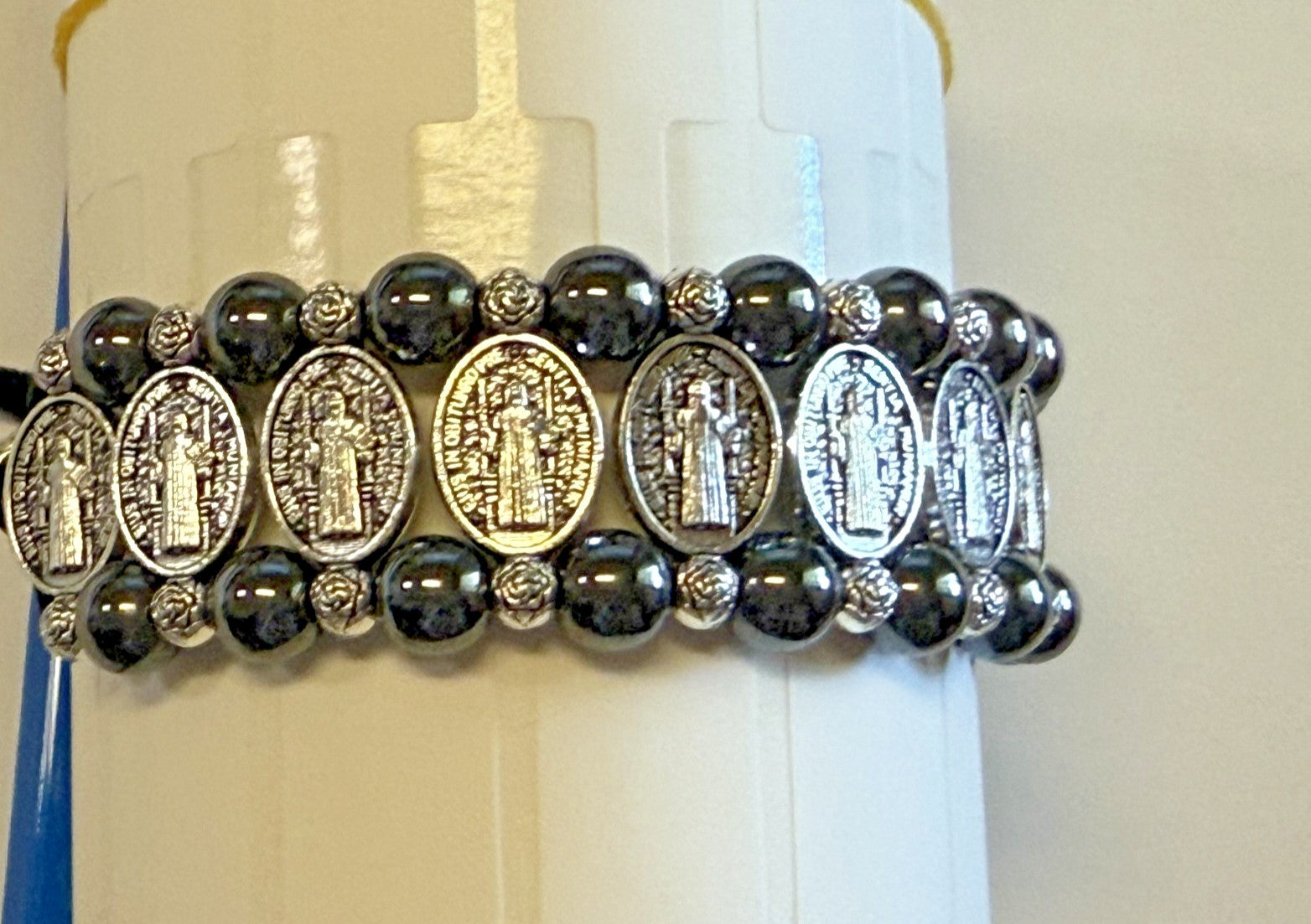 Saint Benedict Medal Hematite Rope Adjustable Bracelet, New #AB-344-R2 - Journeys of Faith