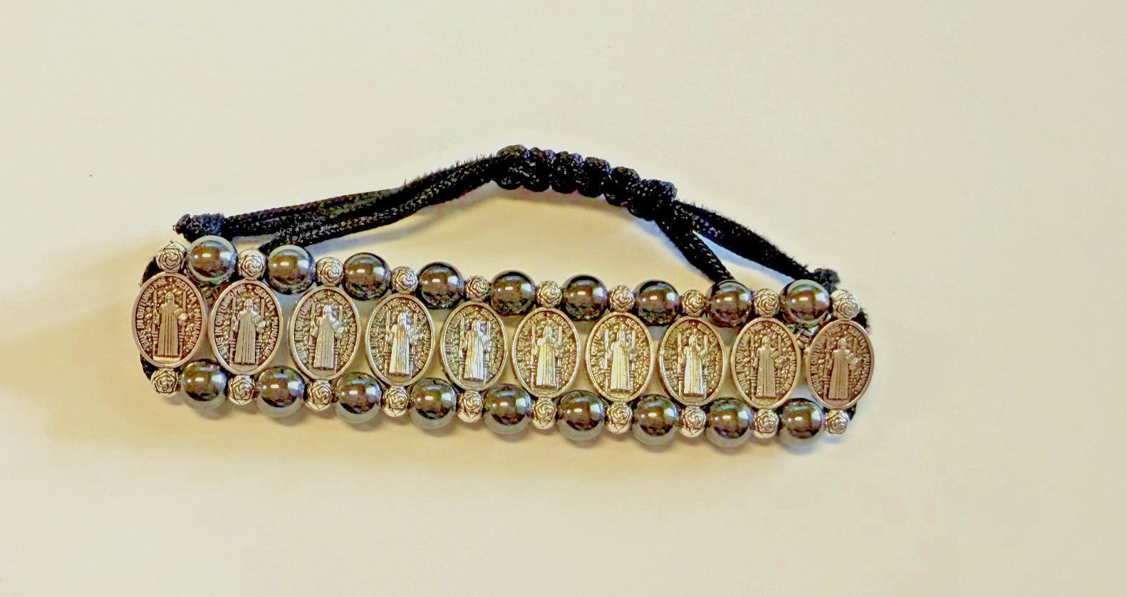 Saint Benedict Medal Hematite Rope Adjustable Bracelet, New #AB-344-R2 - Journeys of Faith