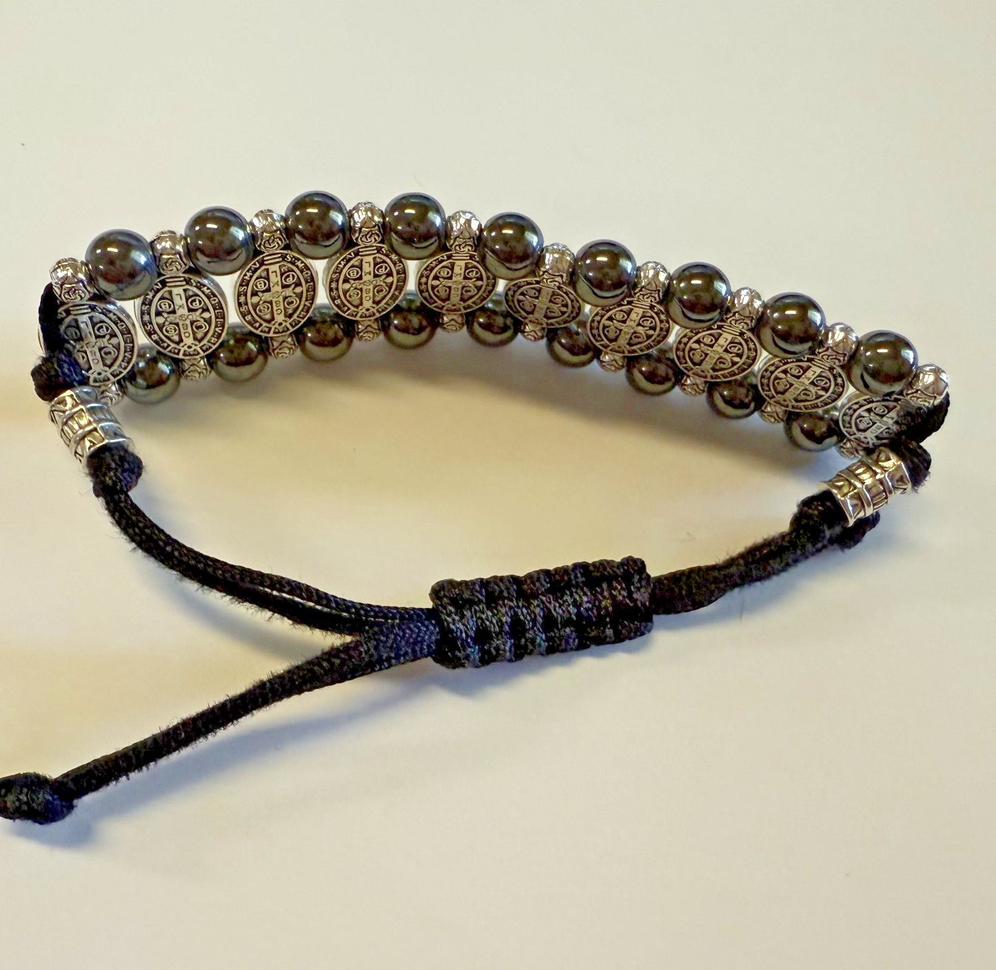 Saint Benedict Medal Hematite Rope Adjustable Bracelet, New #AB-344-R2 - Journeys of Faith