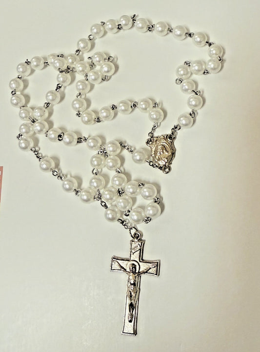 Faux White Pearl Rosary, with O. L. of Mount Carmel Medal, New #Gftshp-3 - Journeys of Faith