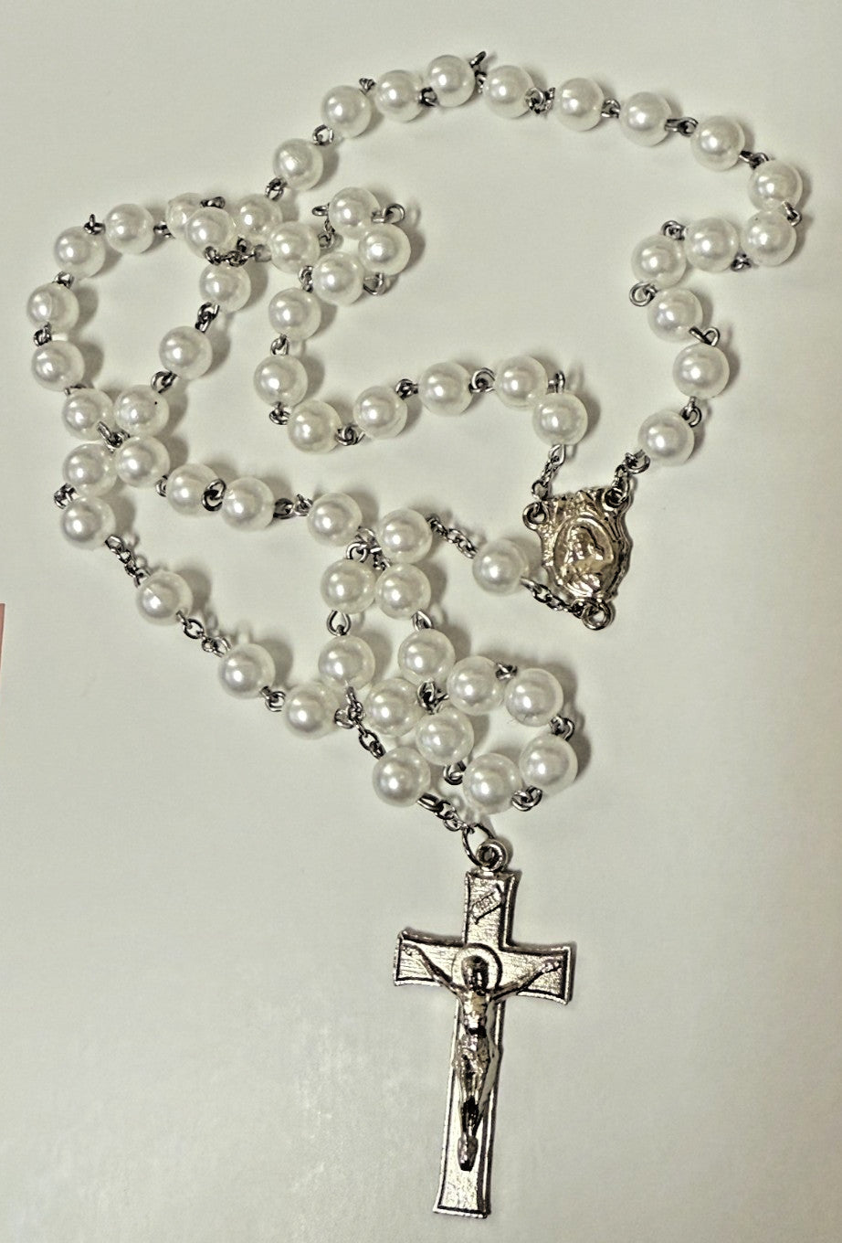 Faux White Pearl Rosary, with O. L. of Mount Carmel Medal, New #Gftshp-3 - Journeys of Faith