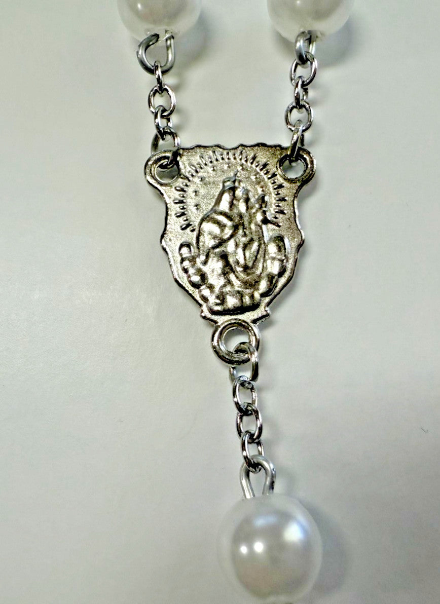 Faux White Pearl Rosary, with O. L. of Mount Carmel Medal, New #Gftshp-3 - Journeys of Faith
