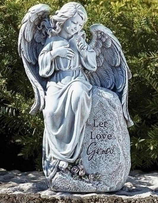 Seated Angel with "Let Love Grow" Stone  12" Garden Statue, New #RM-61-R2 - Journeys of Faith