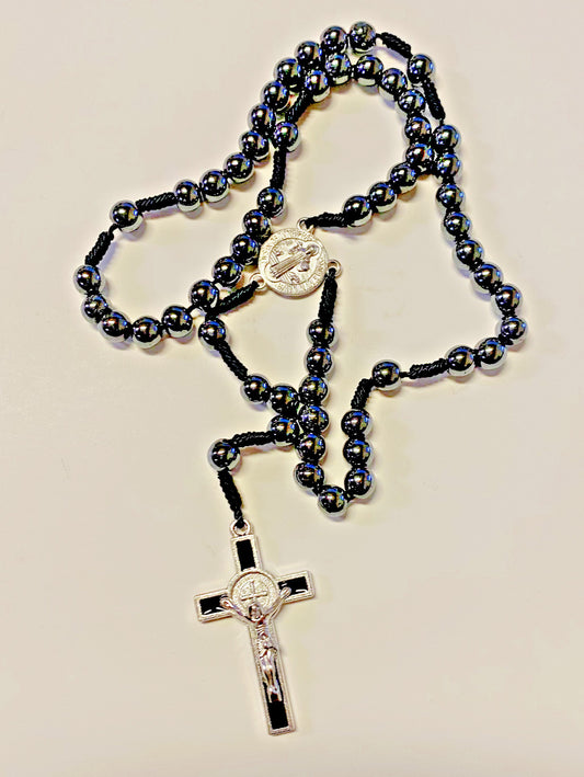 Saint Benedict Hematite Corded Small Rosary,  New #AB-082 - Journeys of Faith