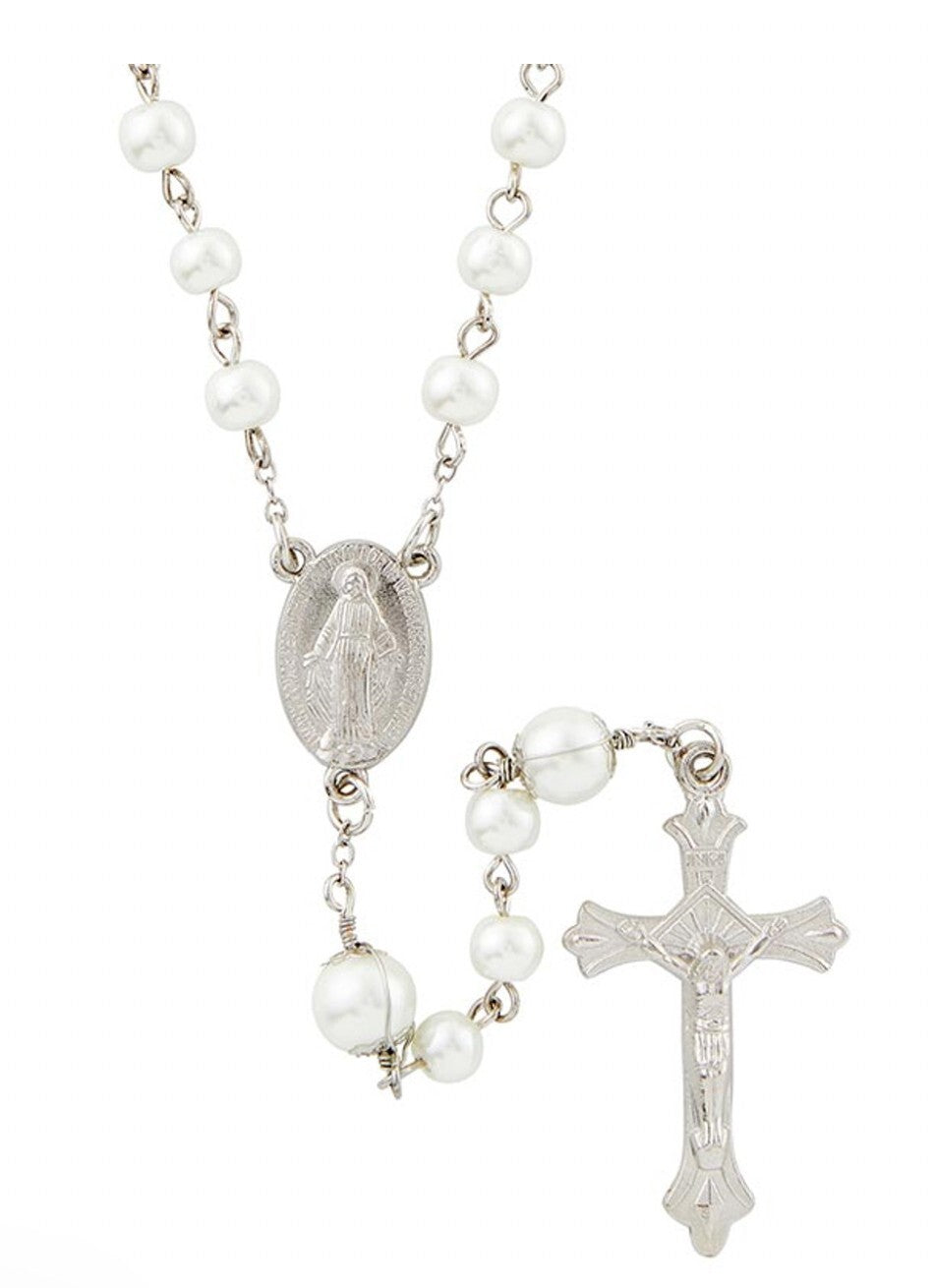 White Mother of Pearl Faux Rosary with O. L the Miraculous  Medal, New #AB-094 - Journeys of Faith