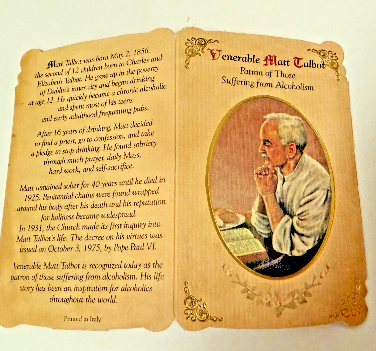 Venerable Matt Talbot (Patron  of Alcoholism) Prayer folder + Medal, New #PCM-31 - Journeys of Faith