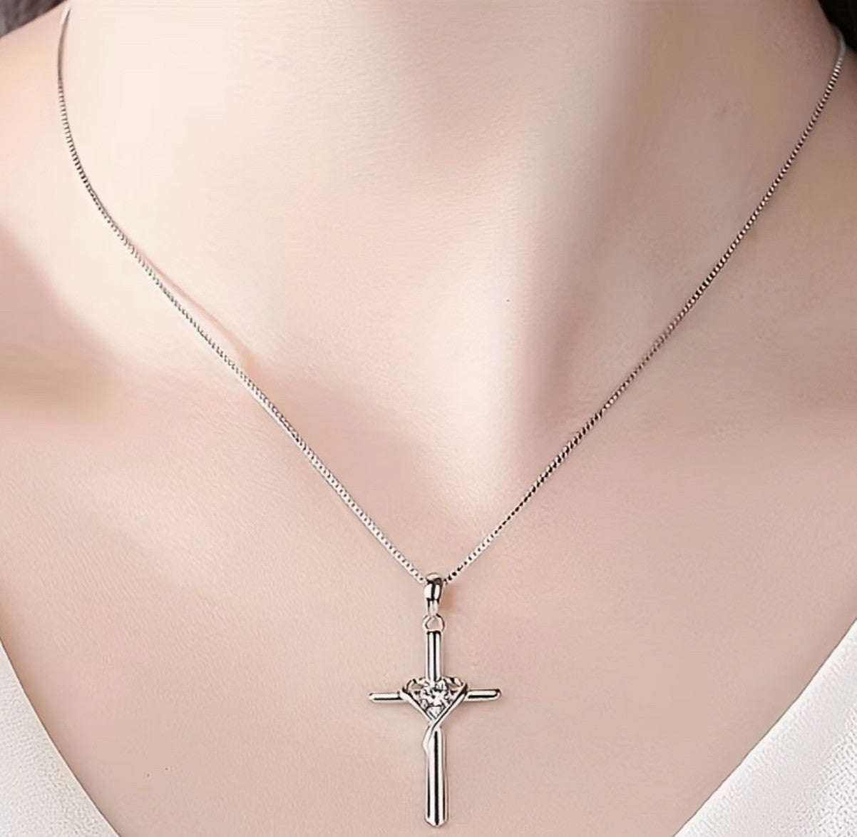 Cross with a heart 16.50" silver tone necklace, New #Gftshp-106 - Journeys of Faith