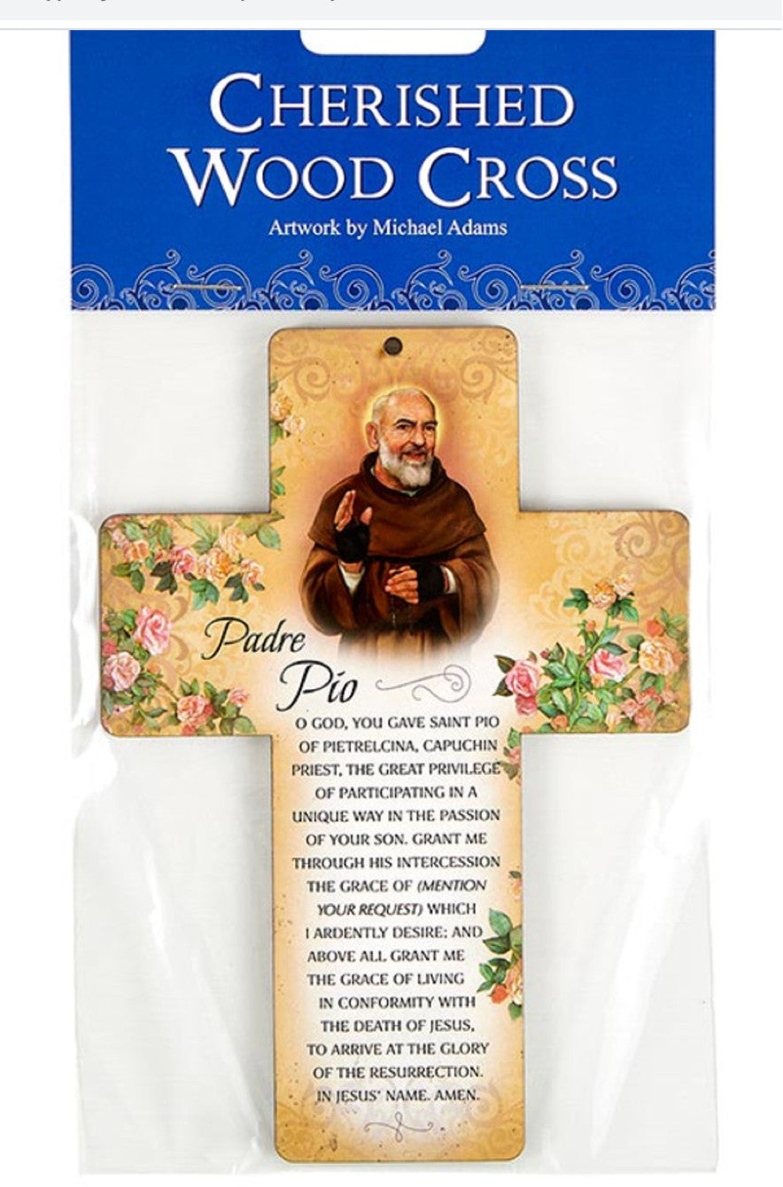 Wood Padre Pio 6-inch cross with prayer, Christian crucifix collectible by Bob and Penny Lord featuring detailed craftsmanship.
