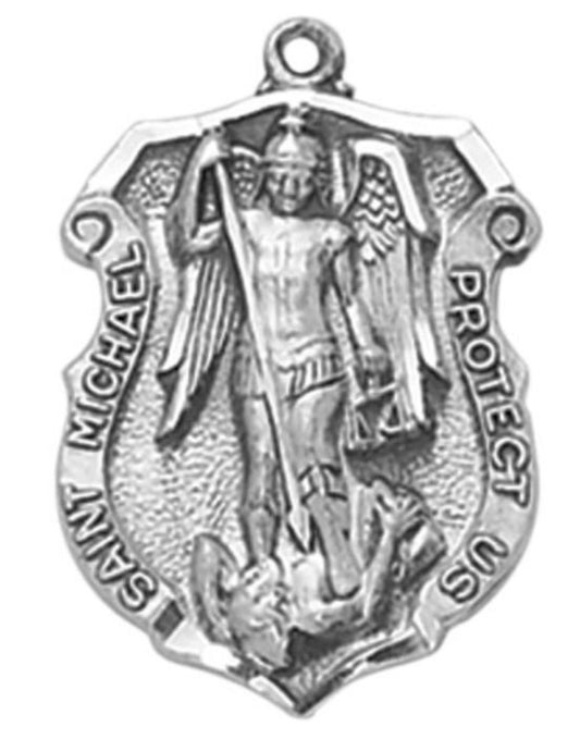 Silver tone Saint Michael the Archangel shield medal by Bob and Penny Lord, featuring detailed religious imagery.