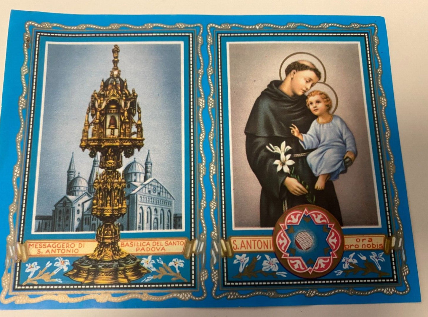 Saint Anthony 3rd Class Relic prayer card folder from Italy, featuring religious imagery and Christian holy card design.