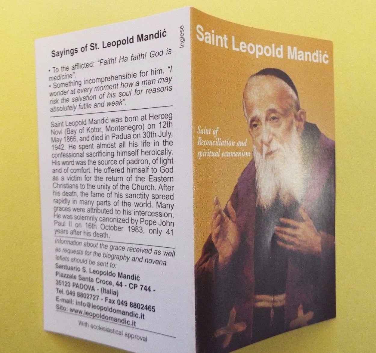 Saint Leopold Mandic novena card and short bio folder, religious Christian Holy Cards by Bob and Penny Lord, featuring spiritual imagery.