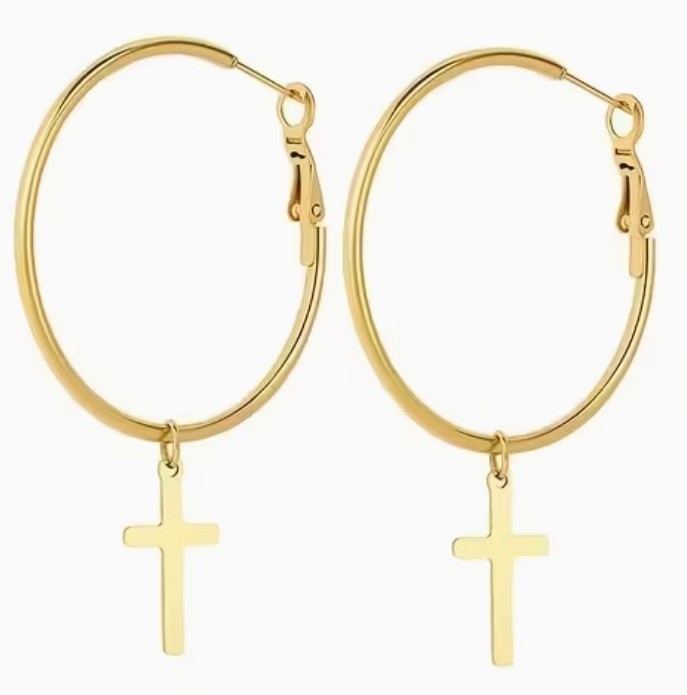 Cross  2.2" Dangle Hoop Gold tone Earrings, New #Gftshp-210 - Journeys of Faith
