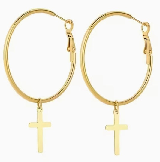 Cross  2.2" Dangle Hoop Gold tone Earrings, New #Gftshp-210