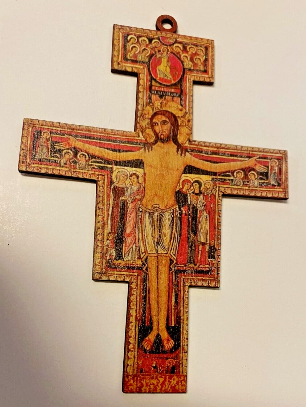 San Damiano wood 8-inch crucifix with detailed craftsmanship, from Journeys of Faith, featuring a Christian cross with a figure of Jesus.