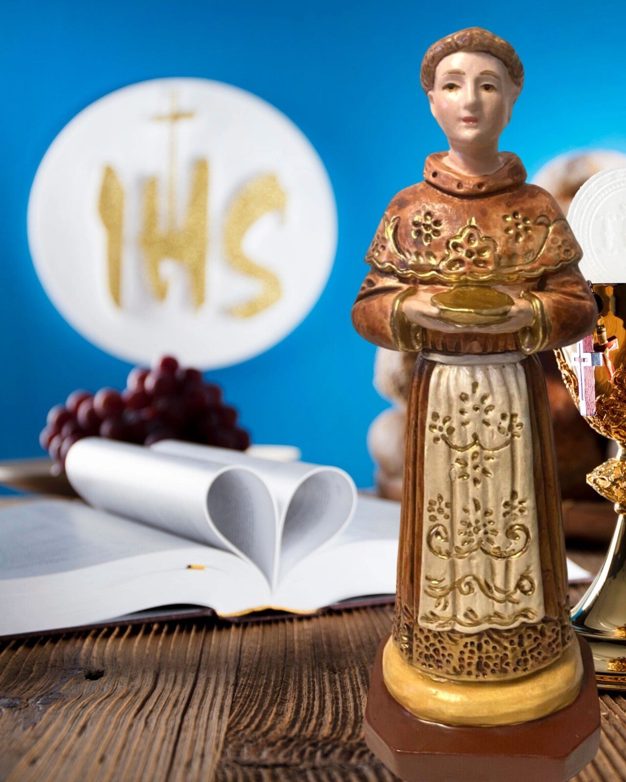 Hand-painted 9-inch Saint Paschal Baylon statue from Colombia, part of Christian religious collectibles by Bob and Penny Lord.