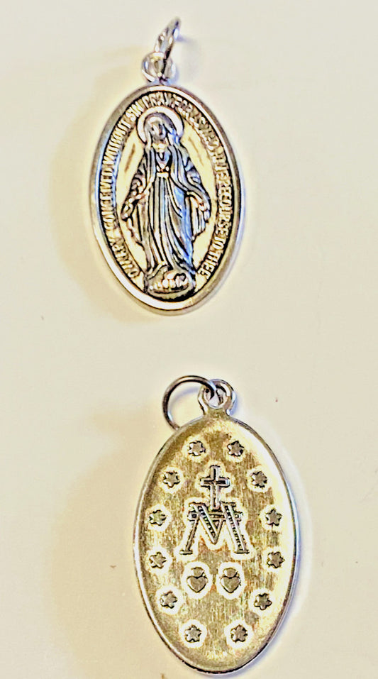Silver tone Our Lady of the Miraculous medal, 1.5-inch religious pendant from Italy, featuring detailed Christian imagery.