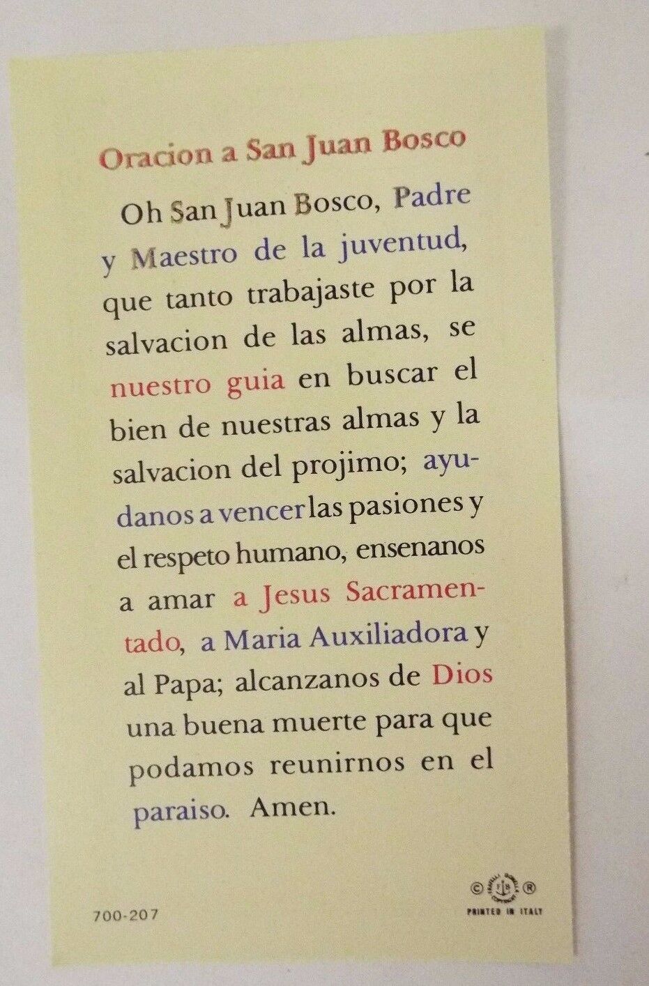 Estampa de oración de San Juan Bosco/Spanish Prayer Card, New