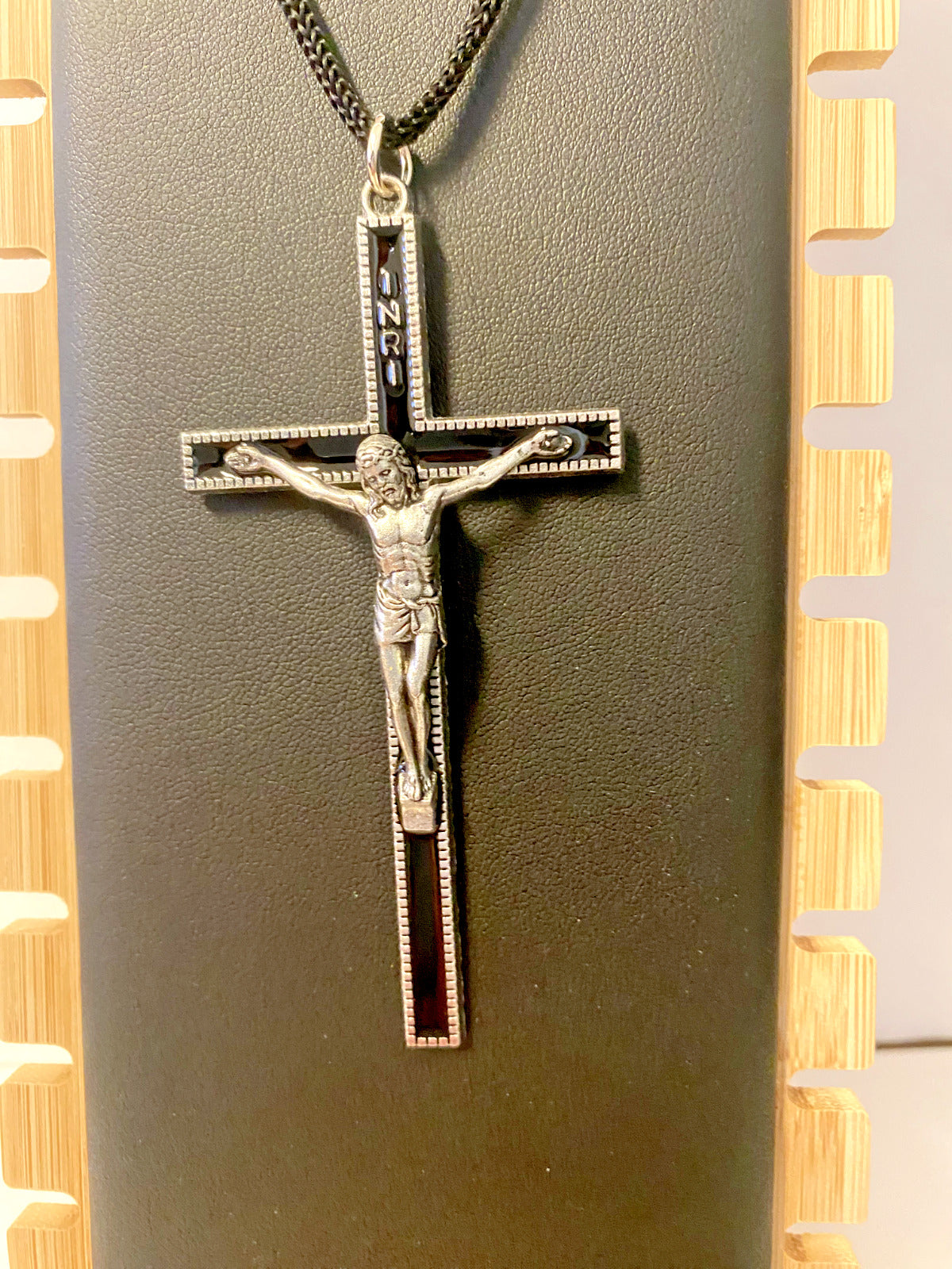 Black Enamel Corded 3.50" Crucifix, New