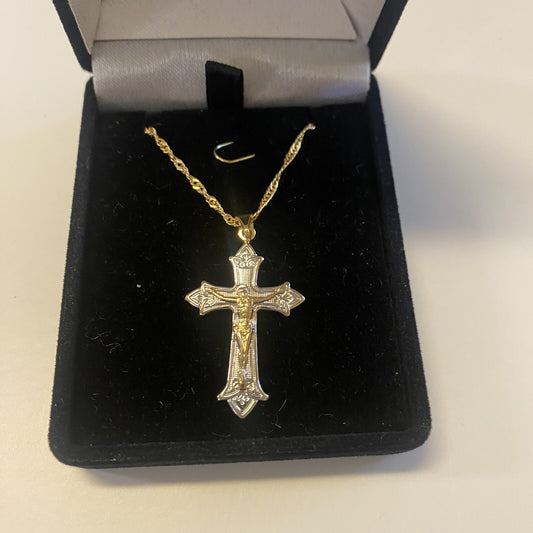 Gold & Silver 1.75" Crucifix, Brazilian Gold Plated 20" Necklace, New, Gftshp-15 - Journeys of Faith
