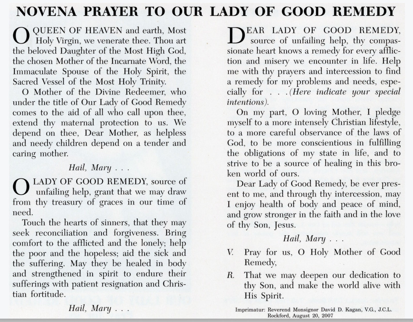 Our Lady of Good Remedy Prayer Card 50 Pack PC-67