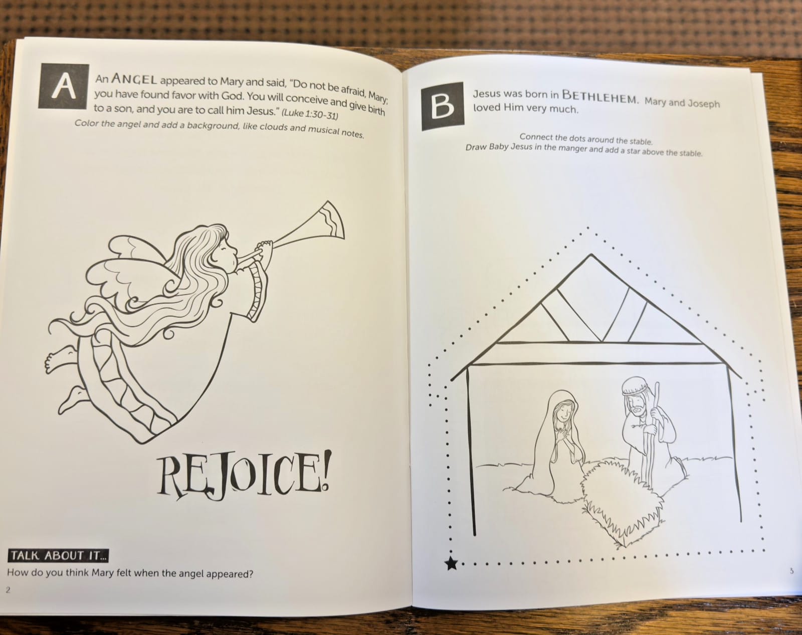 Christian Christmas A-Z activity book for children by Journeys of Faith, featuring festive illustrations and educational content.