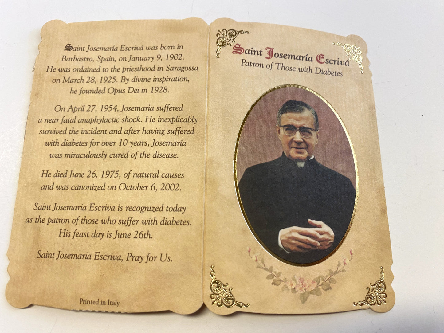 Saint Josemaria Escriva(Patron St of Diabetes)  Prayer Card + Medal,New #PCM-018 - Journeys of Faith
