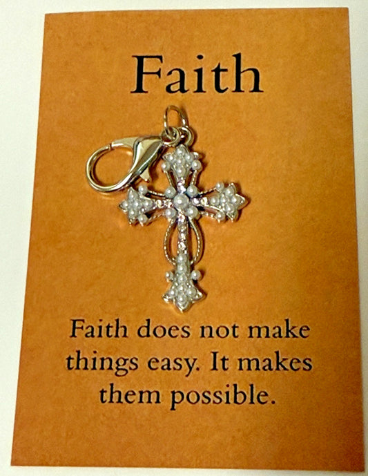 Imitation Pearl + Crystal Cross Devotional Clip, New #Gftshp-133 - Journeys of Faith