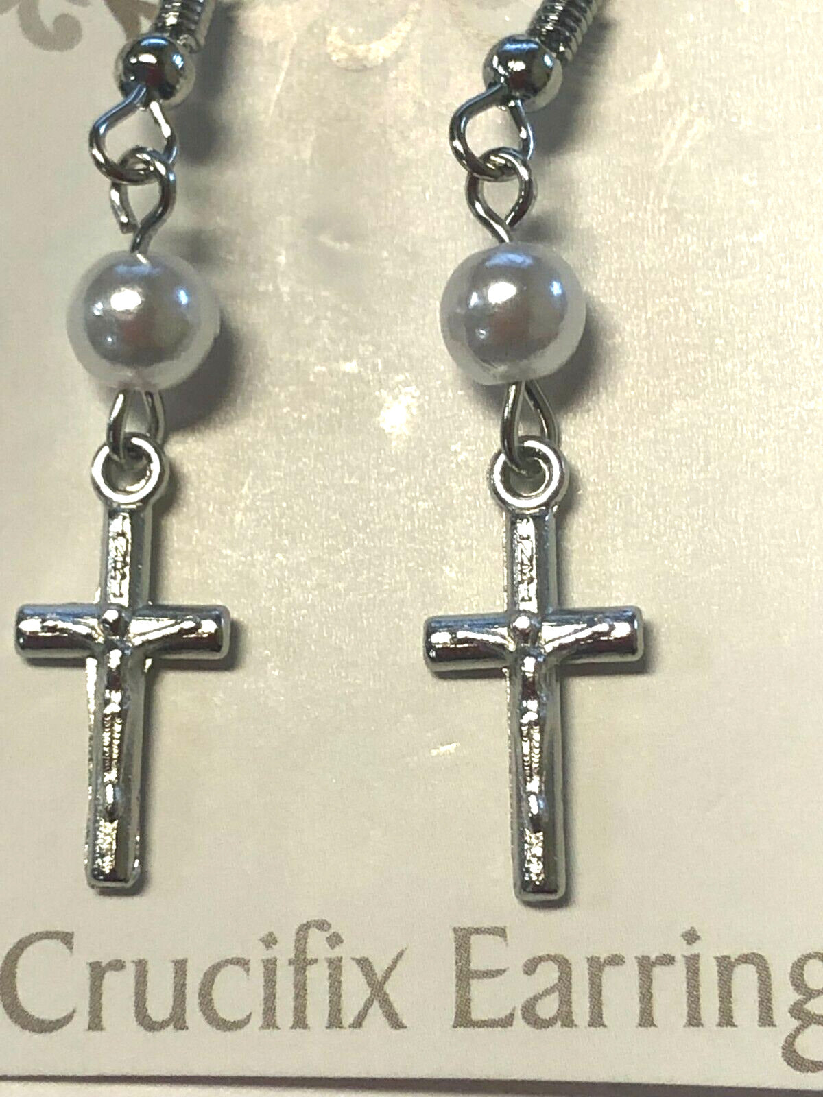 Crucifix & Faux Pearl Earrings, Silvertone, New