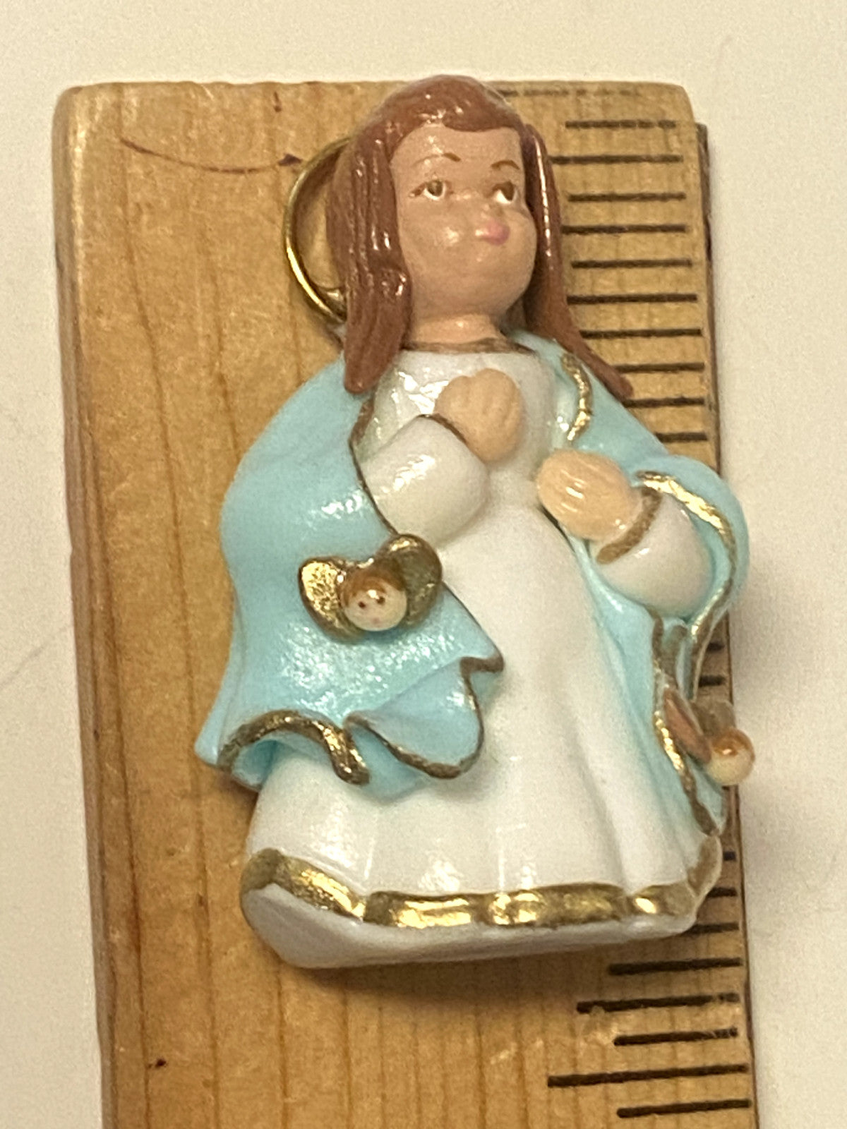 Miniature Immaculate Heart of Mary statue by Bob and Penny Lord, 1.50 inches, religious collectible from Colombia.