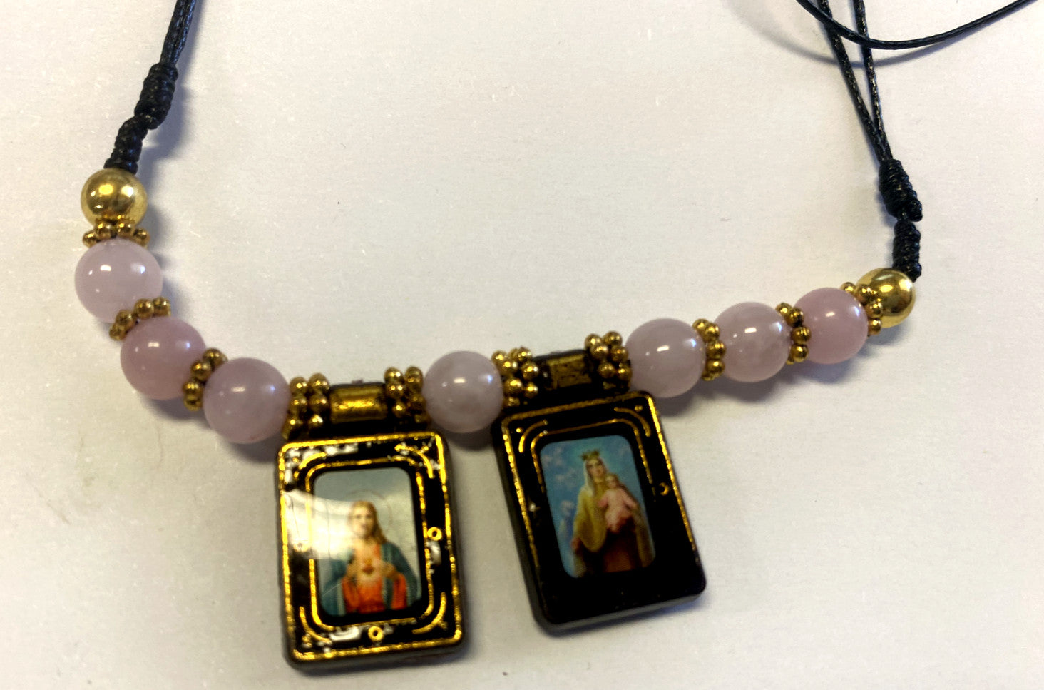Black CORD scapular necklace with Sacred Heart and Mount Carmel pendant, featuring a sleek cord design and religious symbols.