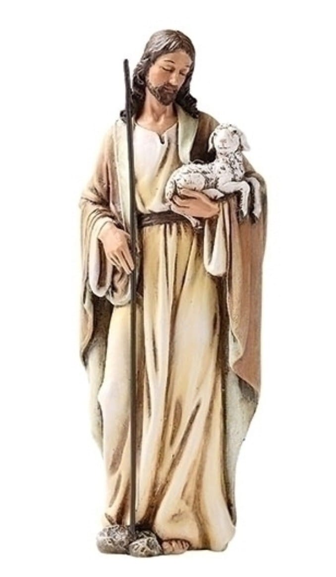 Good Shepherd resin statue, 4-inch religious collectible by Journeys of Faith, depicting the Holy Shepherd in detailed craftsmanship.