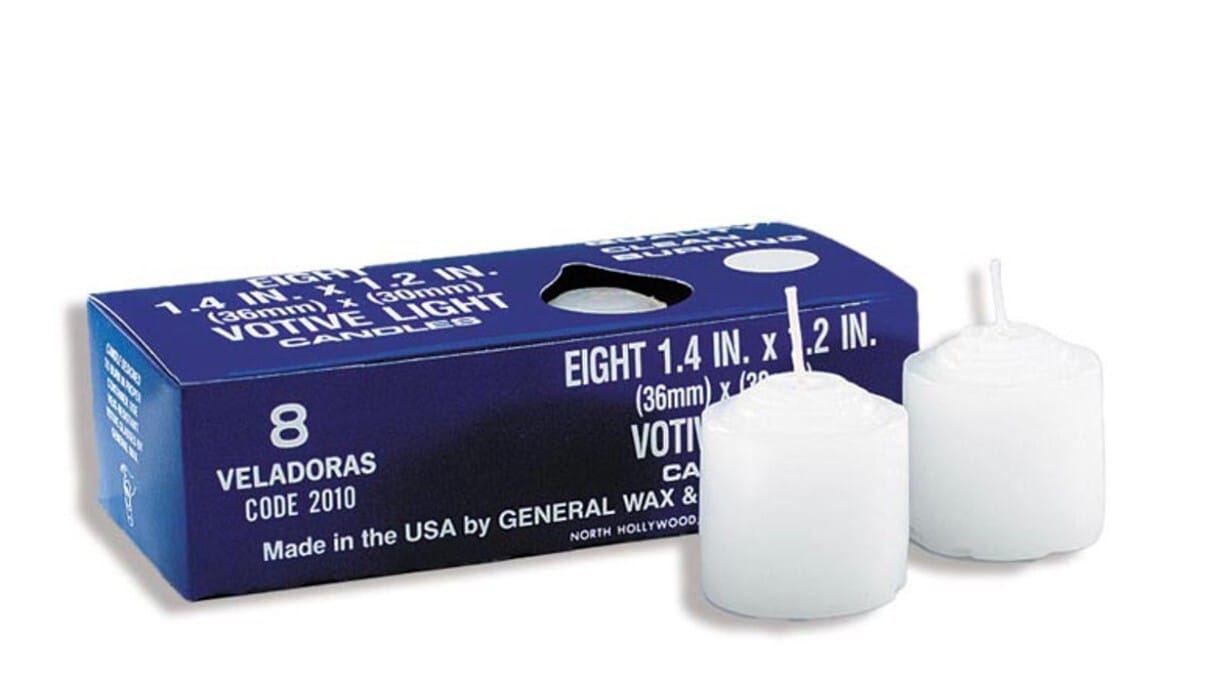 Set of 8 small 10-hour votive candles measuring 1.50 inches, from Bob and Penny Lord Journeys of Faith, for religious and spiritual use.