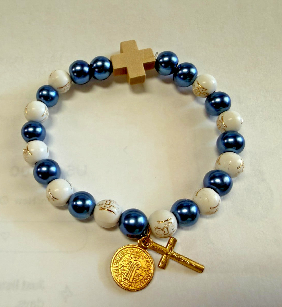 Blue and  White  Bead Wood Bracelet, New #Gftshp-272 - Journeys of Faith