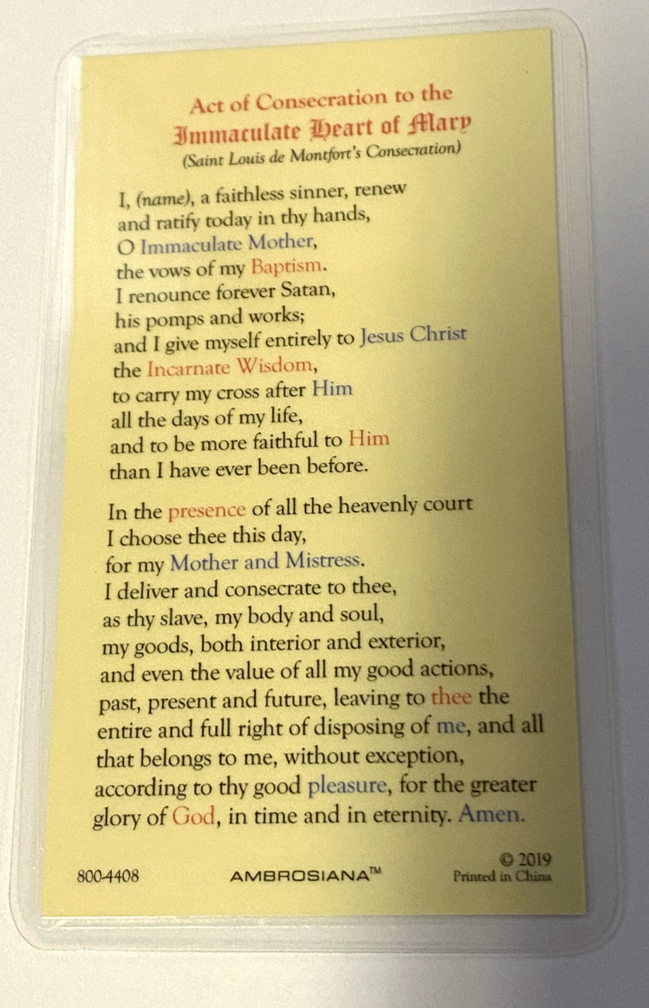 Immaculate Heart of Mary Laminated Prayer Card, New #PCL-09