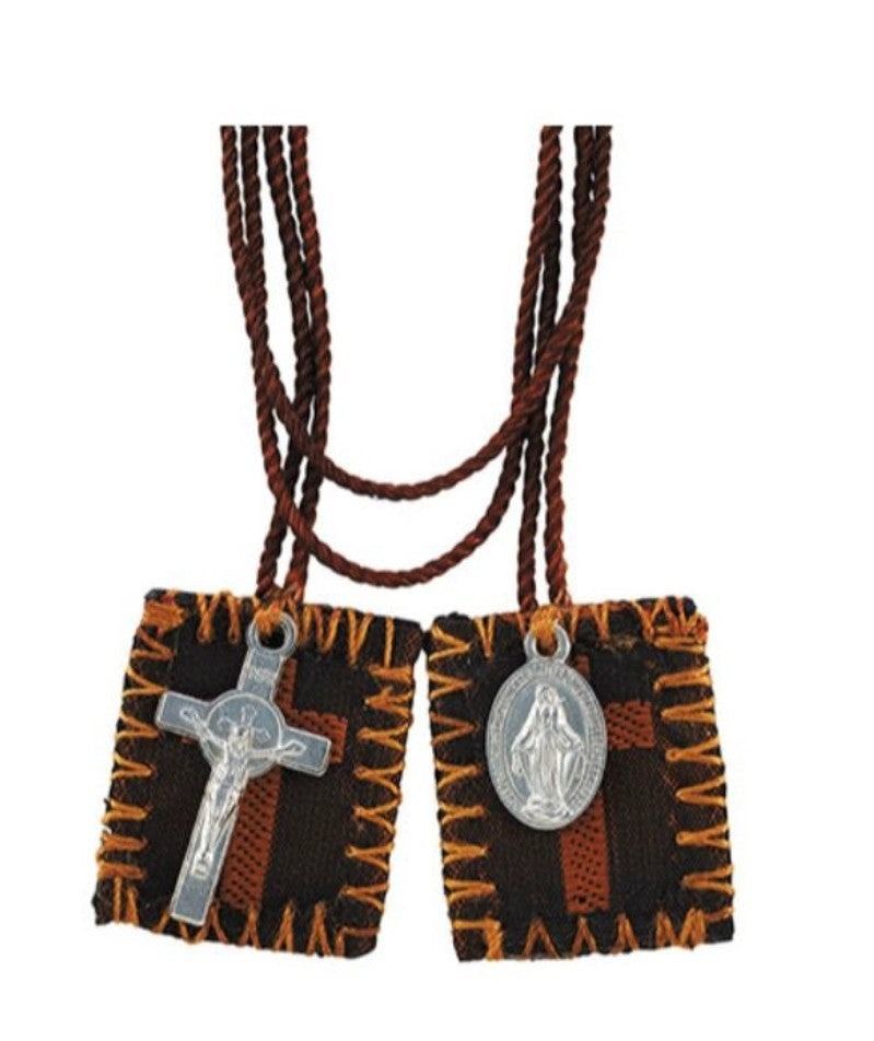 Brown scapular with cross panel and Miraculous Medal panel on 15.25-inch brown cord
