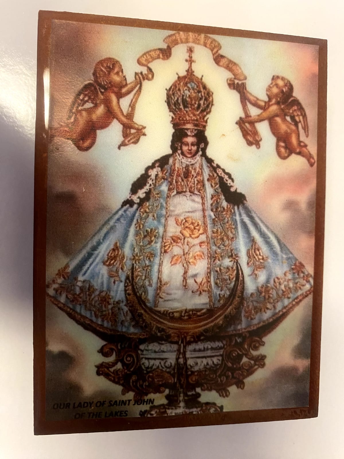 San Juan de Los Lagos wood rosary box with religious rosary beads, crafted from Colombia, by Bob and Penny Lord.
