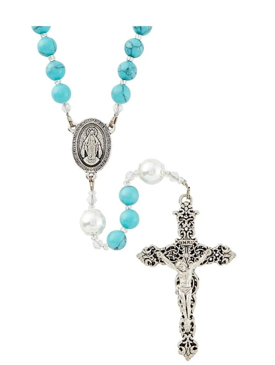 Our Lady of Grace, Aqua Blue Marble Rosary, New  #Gftshp-115 - Journeys of Faith
