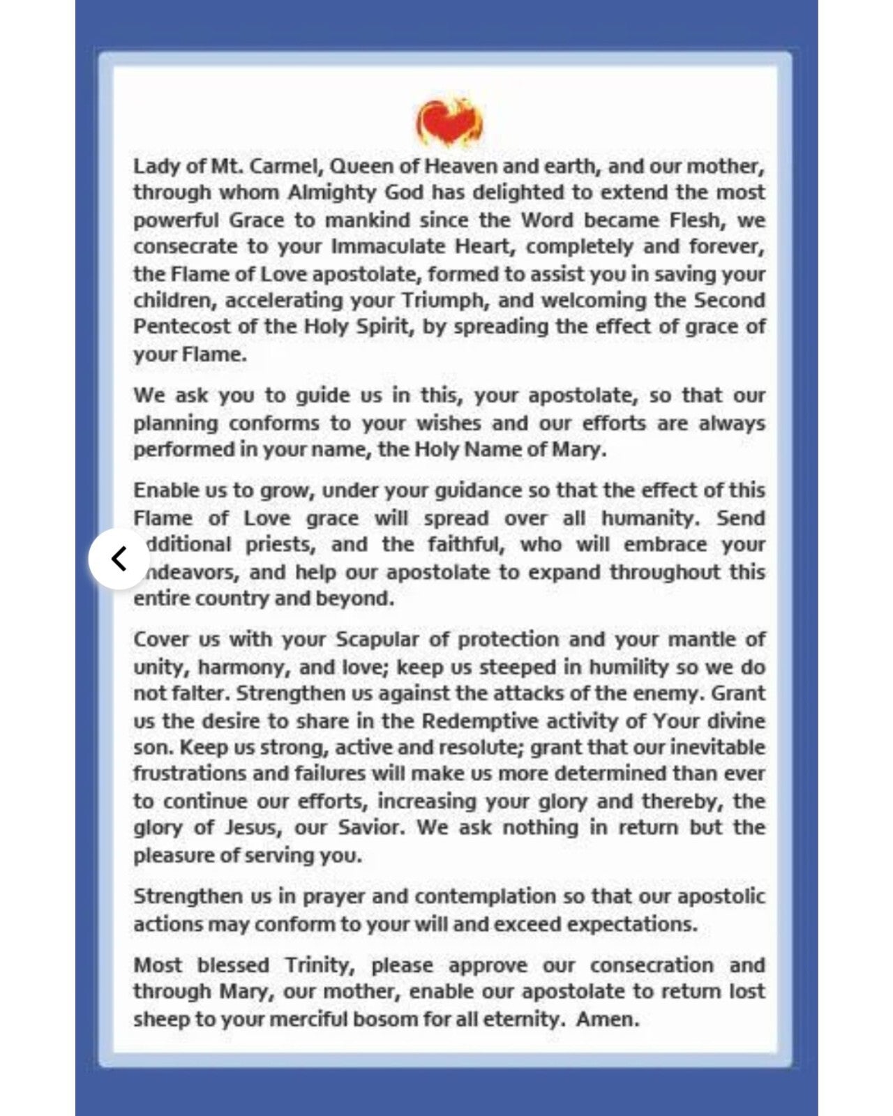 LARGE FLAME OF LOVE CONSECRATION PRAYER CARD - Journeys of Faith