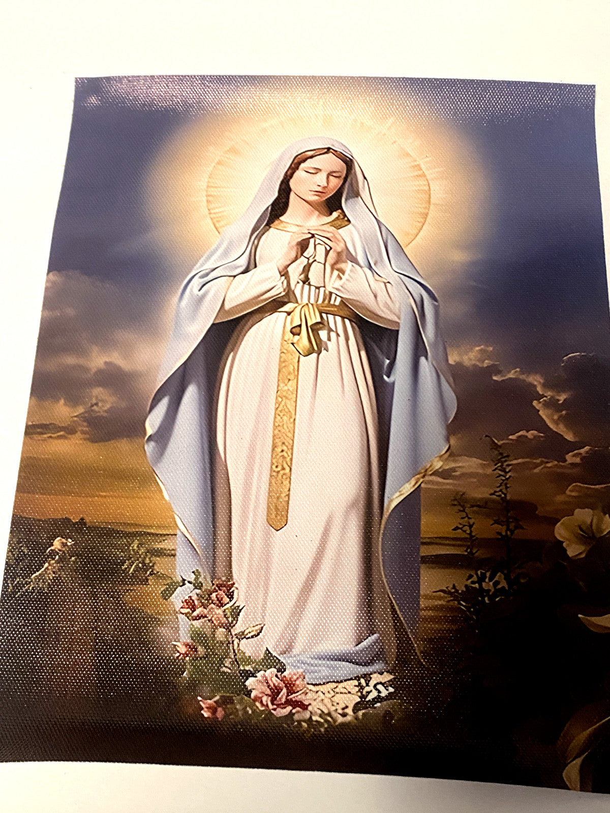 Unframed 10x8 inch Blessed Virgin Mary canvas painting by Bob and Penny Lord, religious artwork with detailed religious imagery.