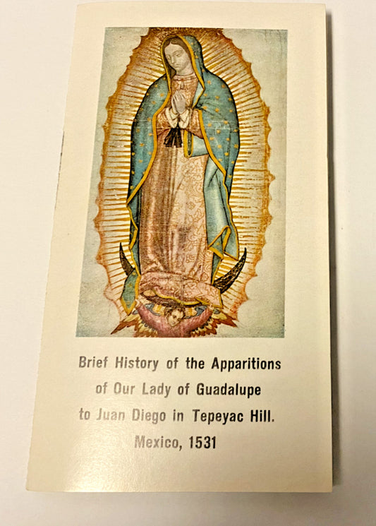 Vintage Our Lady of Guadalupe print by Bob and Penny Lord, featuring religious imagery and history of apparitions, suitable for spirituality decor.