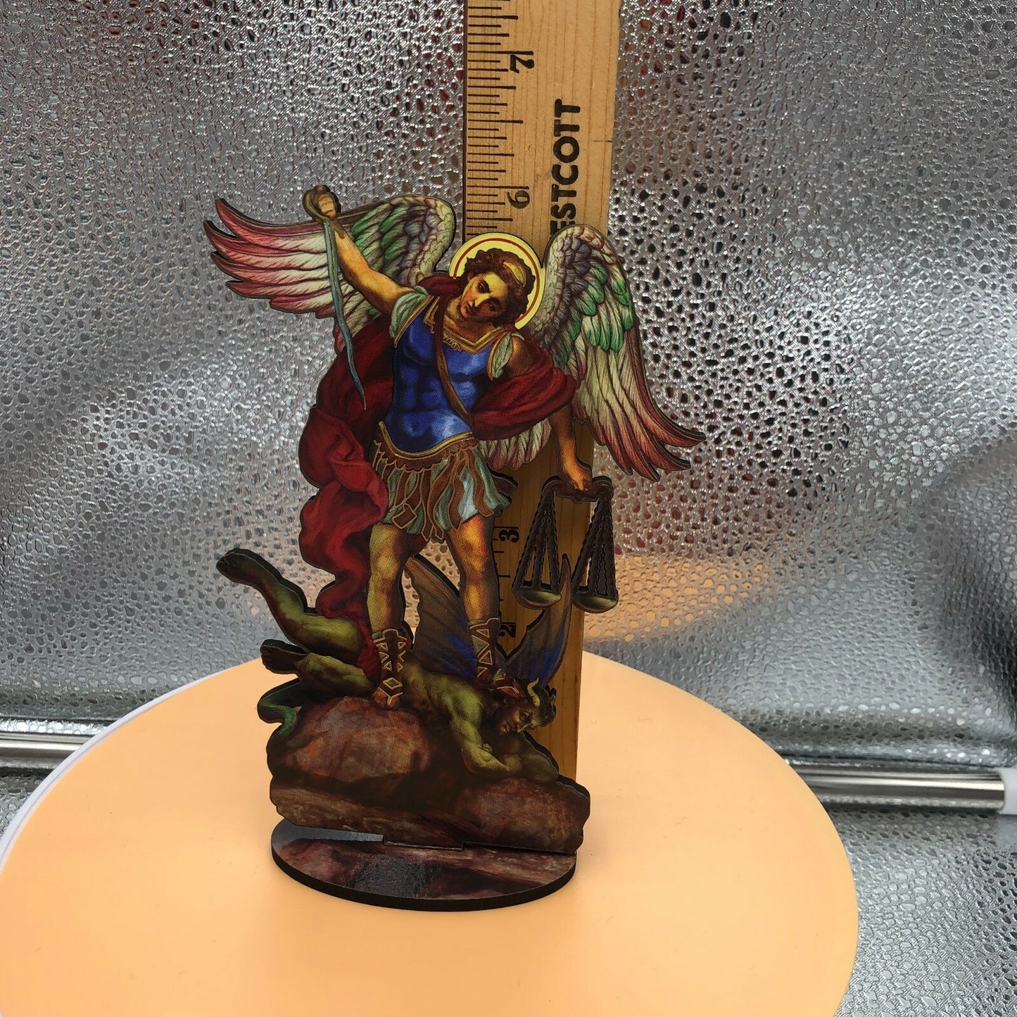 Saint Michael The Archangel 6" Laser Image on Thin Wood Statue, New #93