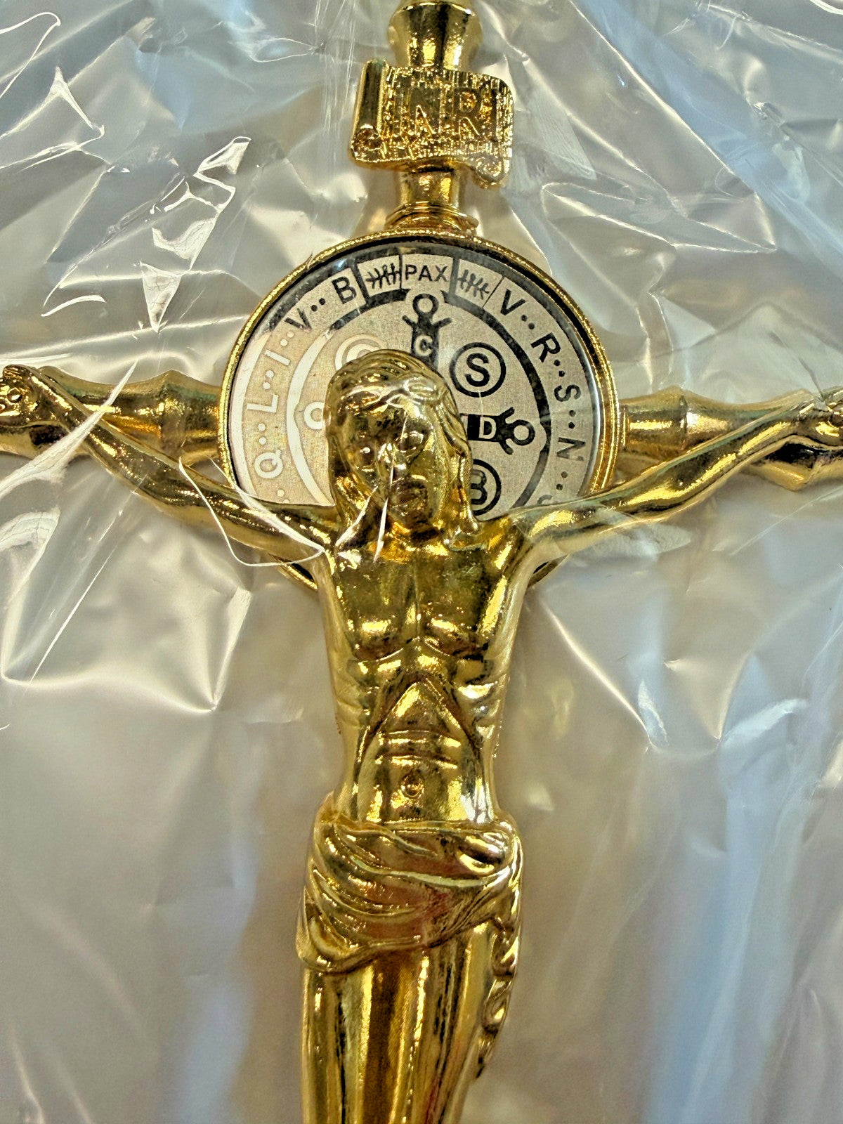 Saint Benedict Wall  Gold Tone Crucifix  8.25",  New #AB-198