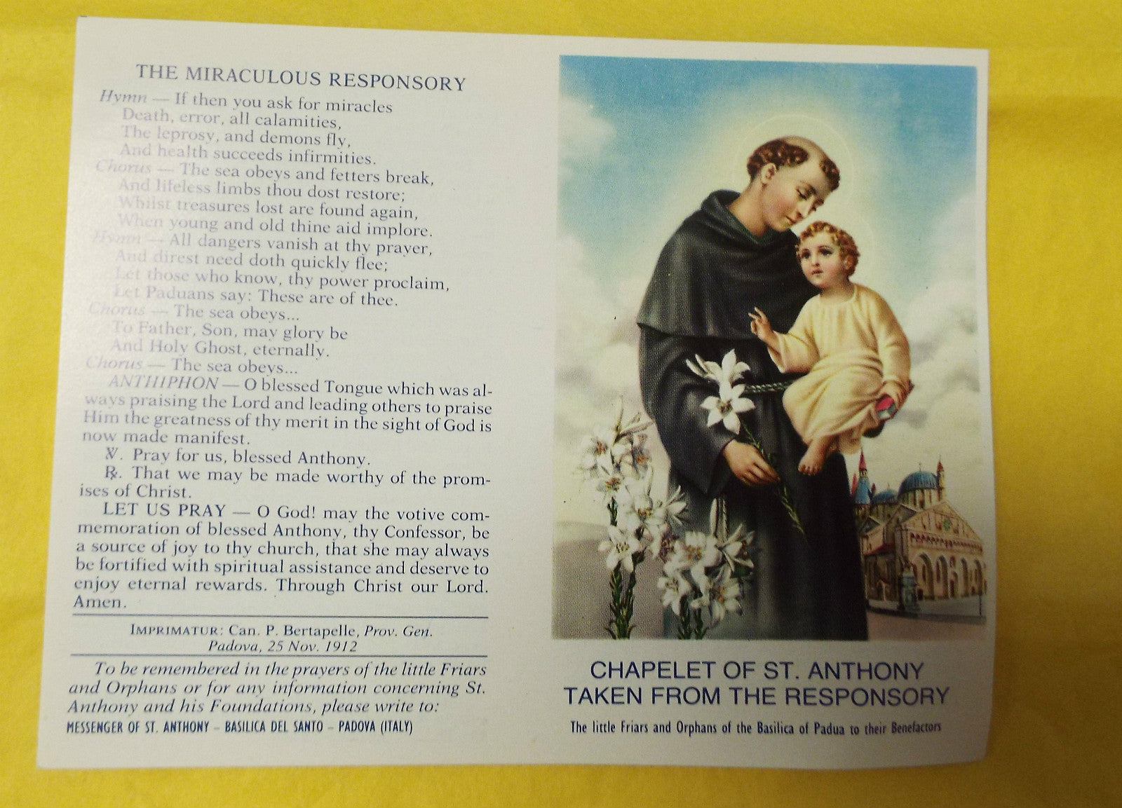 Chaplet of Saint Anthony of Padua prayer card with religious imagery, from Italy, featuring Christian spirituality and collectible design.