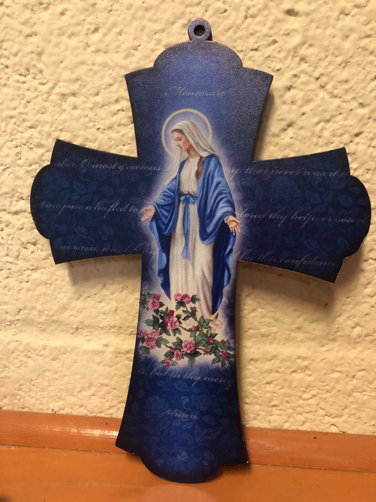 8-inch laser-cut wooden Our Lady of Grace cross set by Bob and Penny Lord, featuring detailed religious Christian symbols.