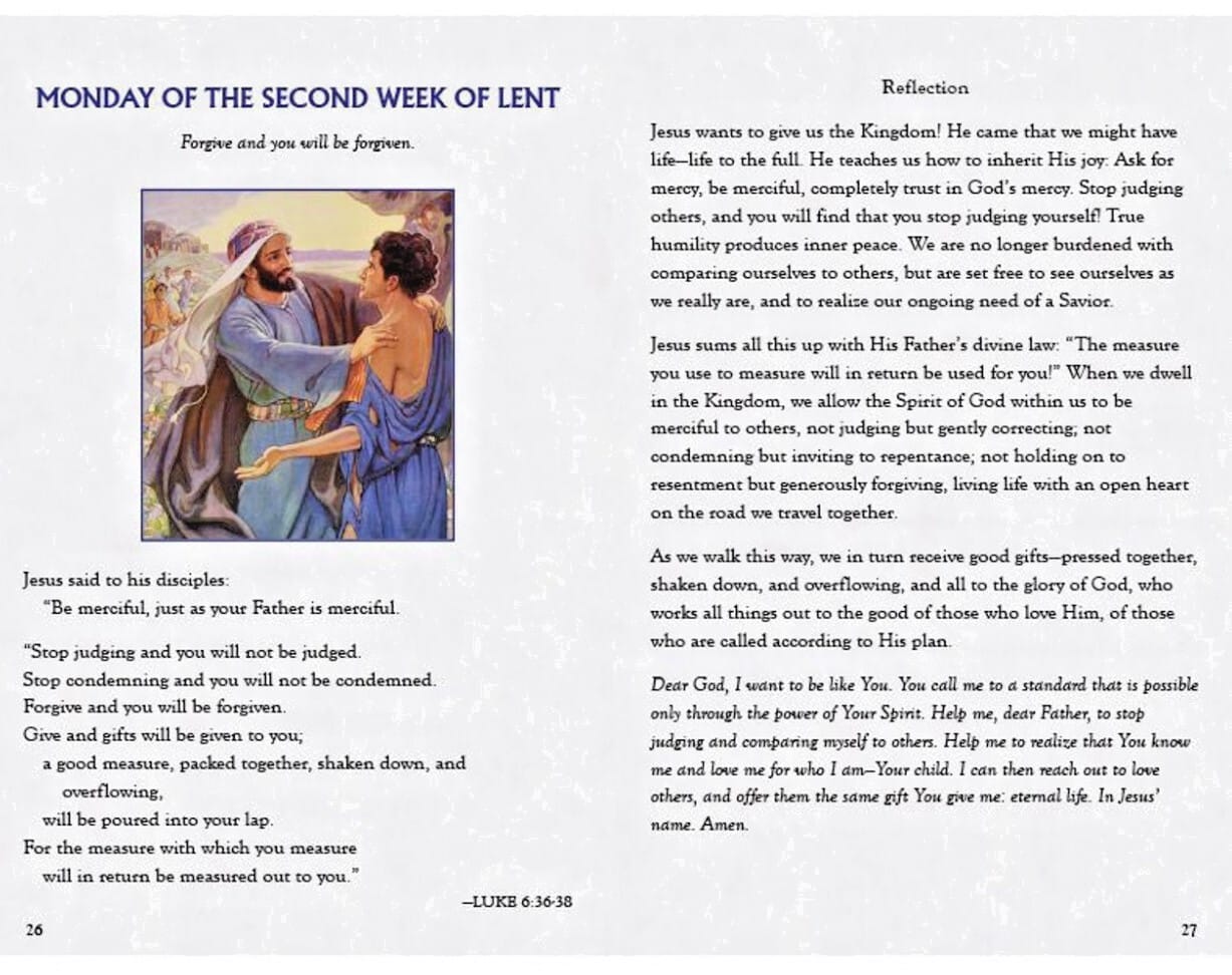 My Lenten Prayer Book by Bob and Penny Lord Journeys of Faith, Christian Holy Card, with religious imagery and prayer content.