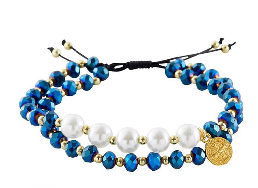Saint Benedict Pearl & Glass Beads 2 Strand Cord Bracelet , New #AB-280-R2 - Journeys of Faith