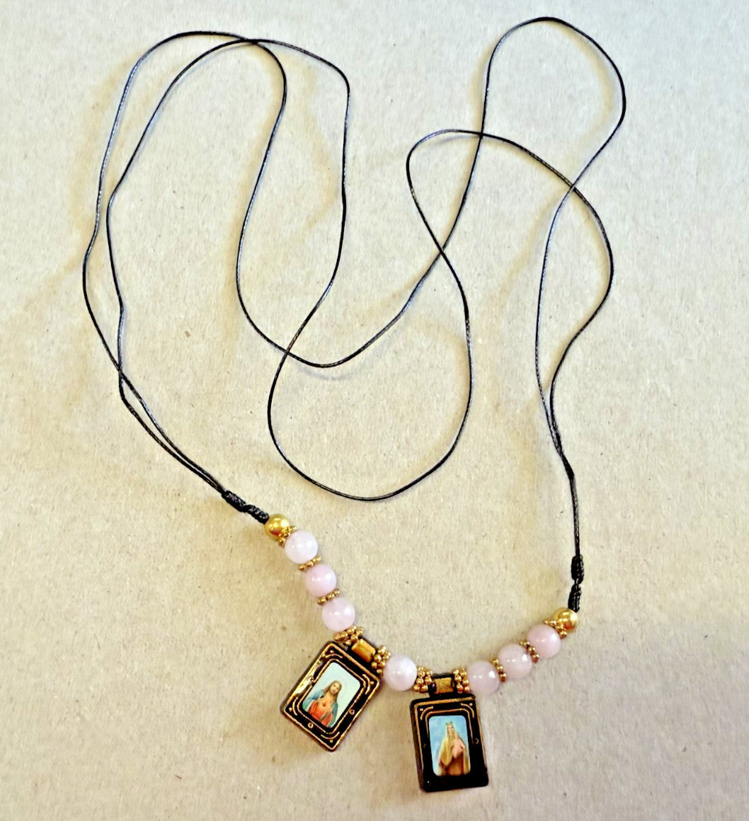 Black Cord scapular necklace with Sacred Heart and Mount Carmel pendants, fashion jewelry accessory, new design.